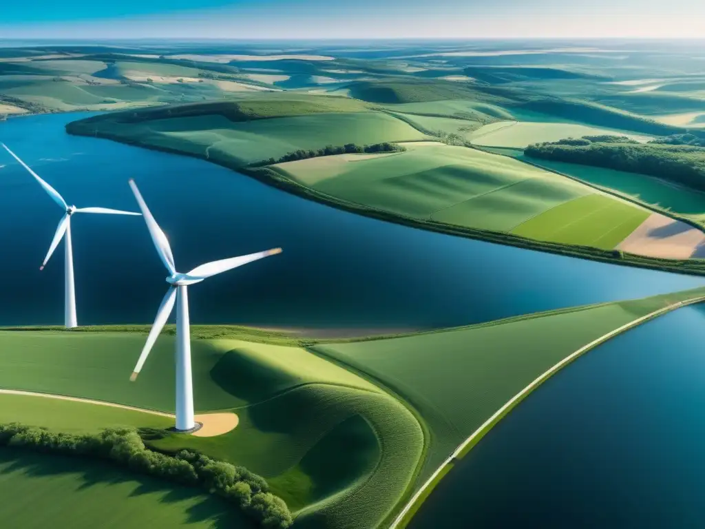 Paisaje verde con río y molinos de viento Oportunidades inversión energías limpias: paisaje verde con río azul y molinos de viento blancos