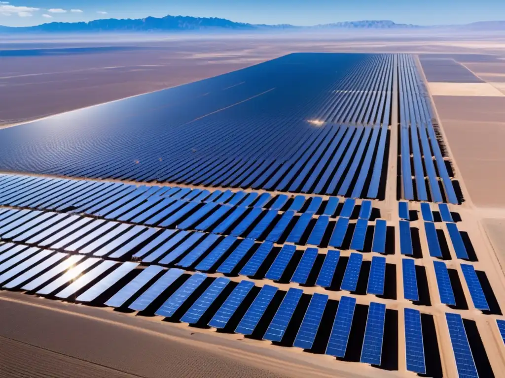 Parque solar en desierto: Energía limpia y sostenible Oportunidades en energías limpias: parque solar extenso con paneles fotovoltaicos organizados y trabajadores
