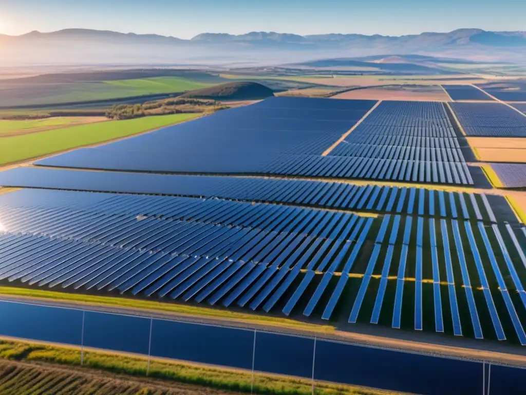 Paisaje solar con granja de paneles solares Oportunidades en energías renovables y cambio climático: solar farm eficiente, paneles brillantes, profesionales comprometidos, tecnología sostenible