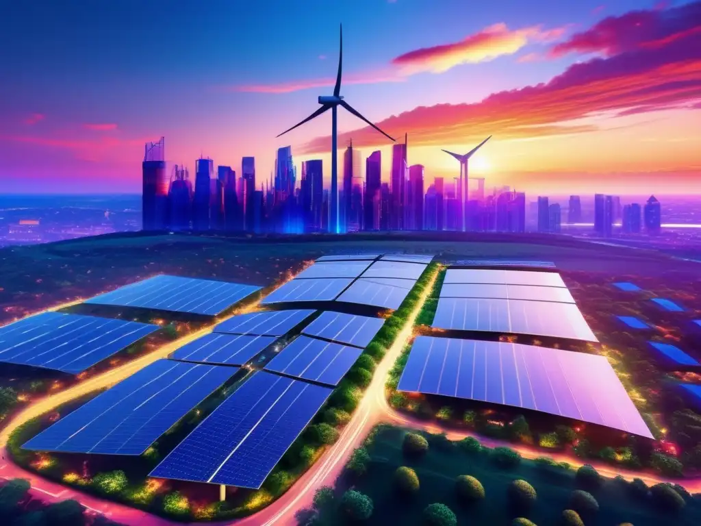 Una ciudad futurista con rascacielos de vidrio y energía renovable Oportunidades inversión energías renovables y cambio climático