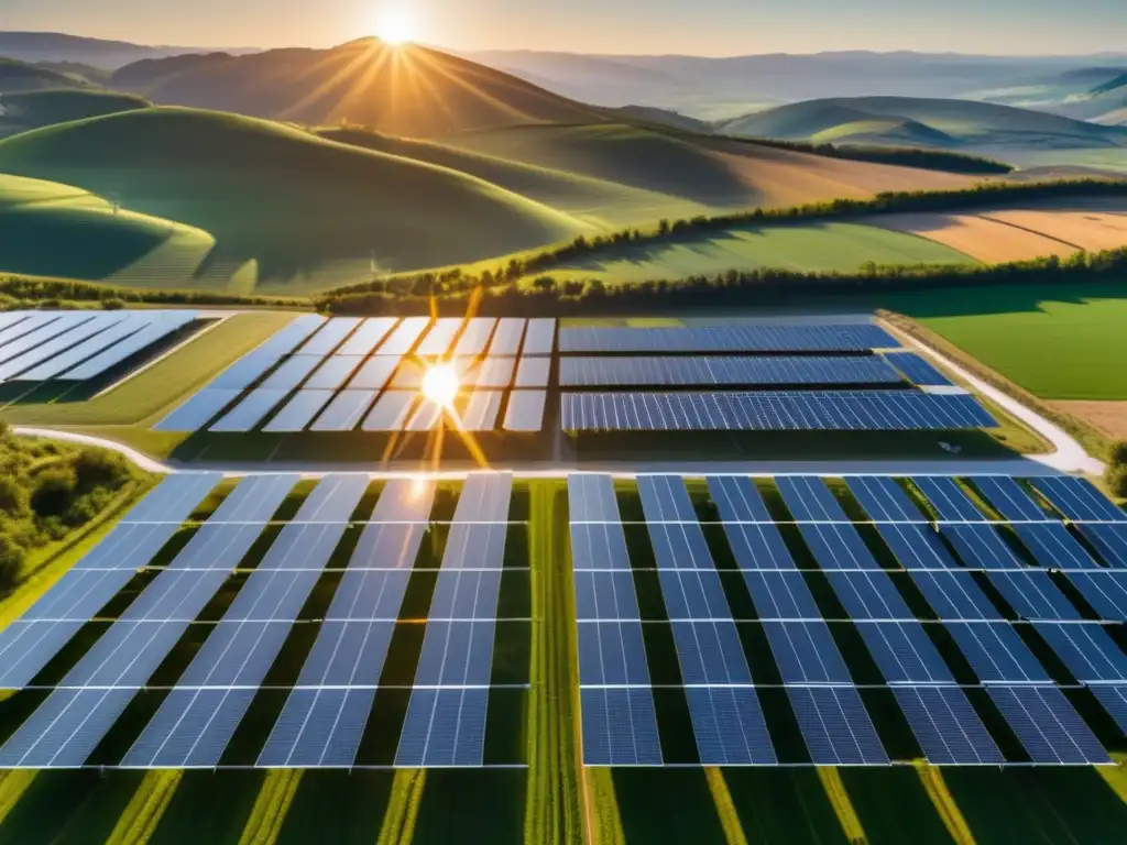 Granja solar: Energía sostenible y futuro brillante Oportunidades en energías renovables: Solar farm brillante, eficiente y sostenible, simbolizando futuro prometedor