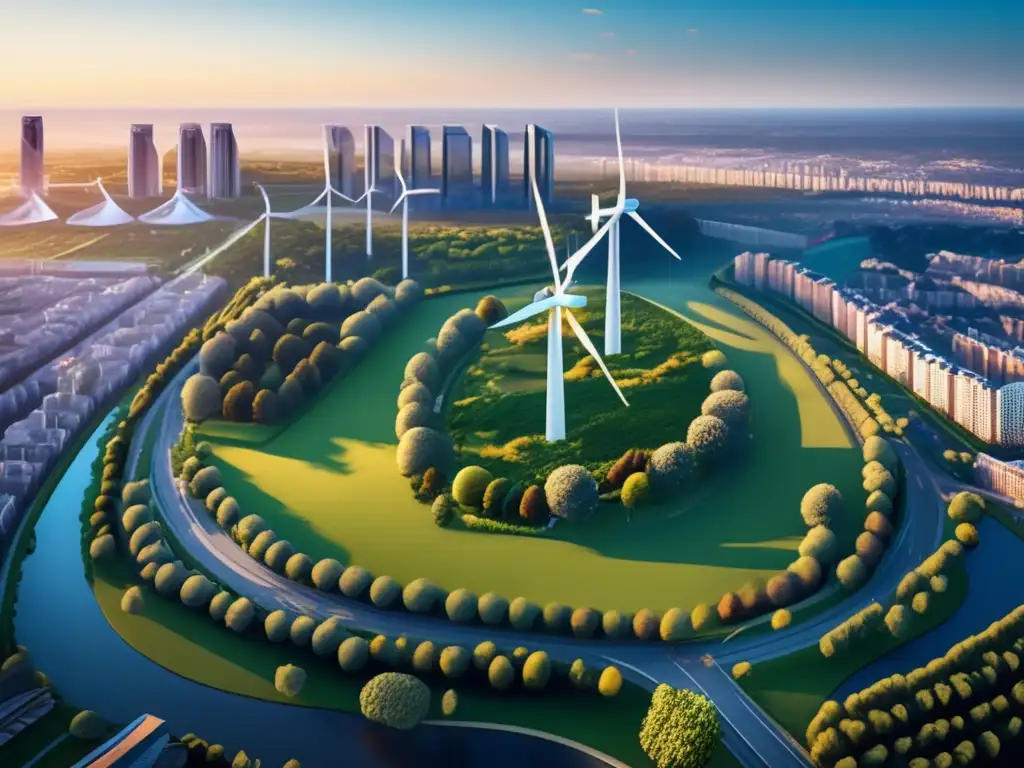Ciudad europea moderna y verde Oportunidades inversión energías renovables Europa: ciudad europea vibrante, rascacielos modernos, naturaleza verde, revolución verde