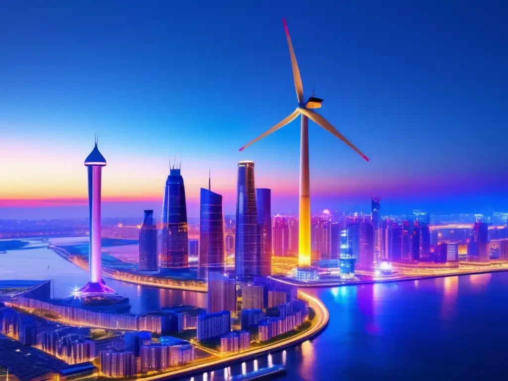 Ciudad vibrante con turbina eólica Oportunidades en energías renovables en una vibrante ciudad al atardecer con rascacielos y una turbina eólica moderna