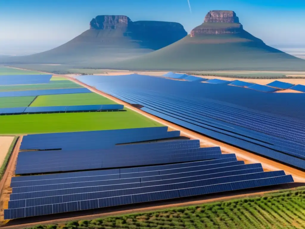 Energía renovable en Sudáfrica Oportunidades de inversión en África: escena vibrante de energía renovable en Sudáfrica, con granja solar extensa y aerogeneradores elegantes