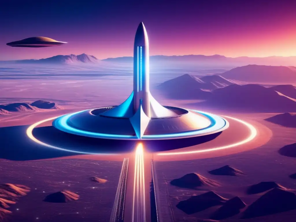 Futurista espacioport en paisaje alienígena Oportunidades inversión exploración espacial: espacioport futurista, cohete colosal, tecnología vanguardia
