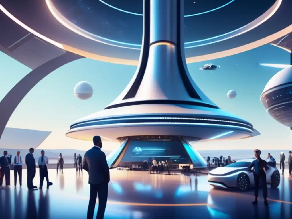 Spaceport futurista con lanzamiento de nave Oportunidades inversión exploración espacial, espacioport futurista, nave preparándose para lanzamiento, inversores discutiendo, ambiente emocionante