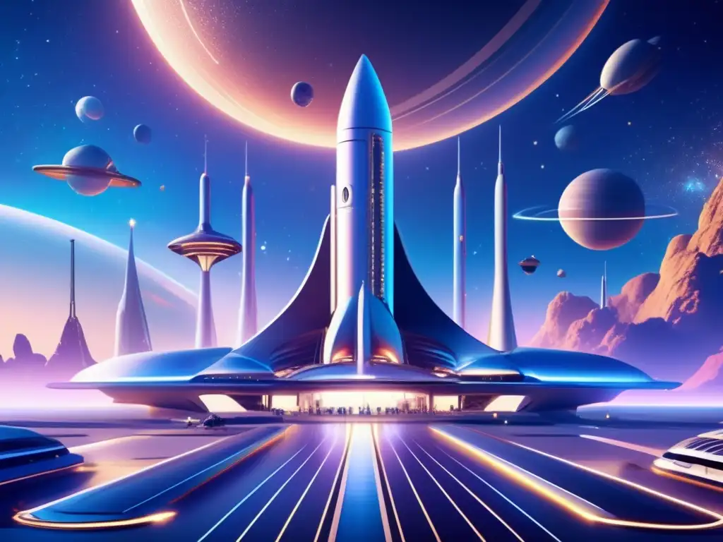 Futuro espacioportuario lleno de actividad Oportunidades en exploración espacial: espacioport moderno, cohetes, estrellas, galaxias, inversión potencial