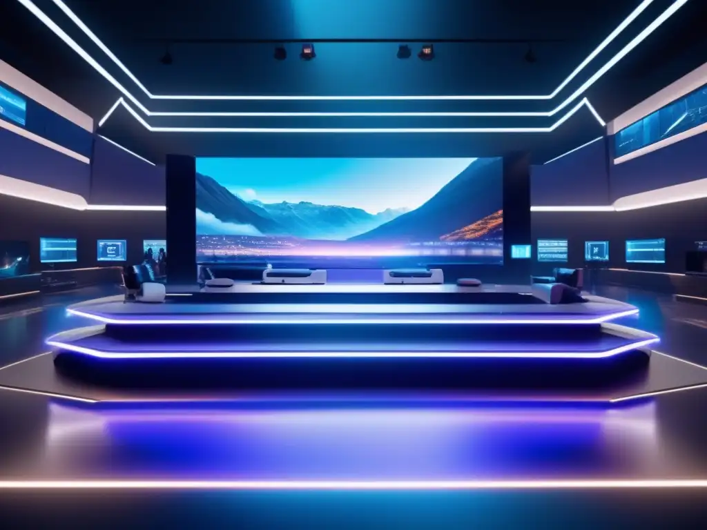 Estudio de cine futurista con tecnología blockchain revolucionaria Oportunidades inversión blockchain en entretenimiento: estudio futurista, tecnología avanzada, transparencia y eficiencia