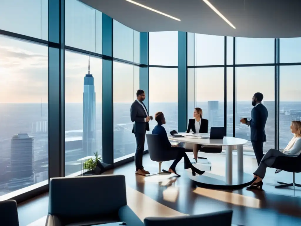 Oficina moderna con vista panorámica de la ciudad Oportunidades de exenciones fiscales en inversiones: Oficina moderna con vistas panorámicas y profesionales colaborando