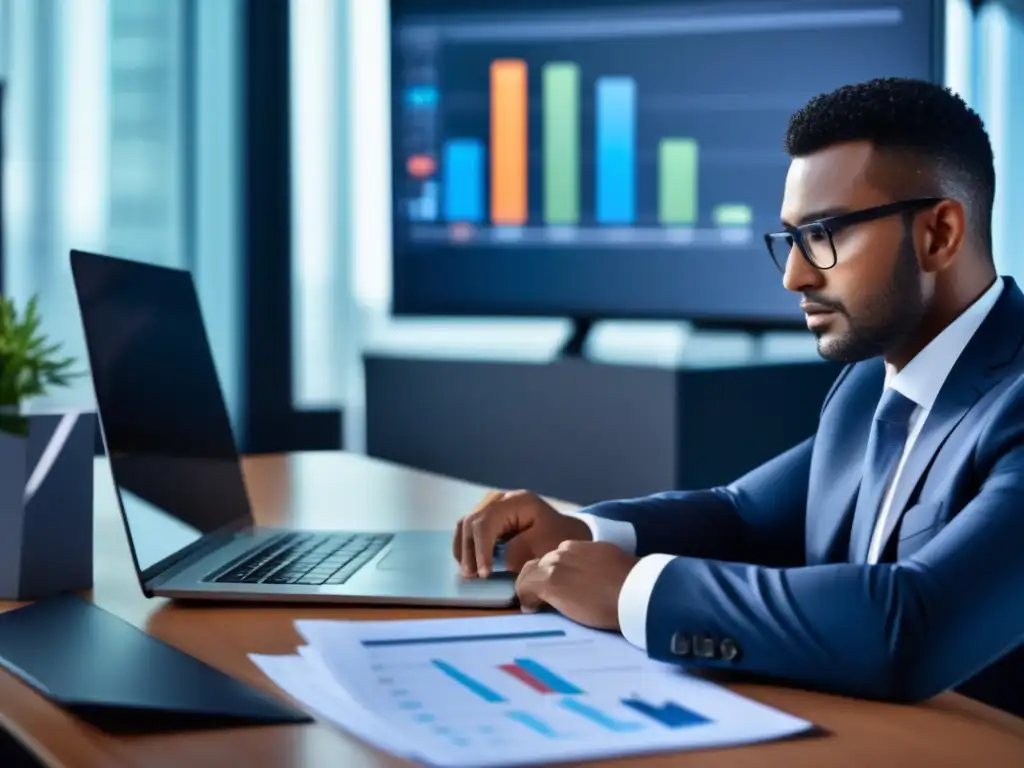 Profesional en oficina con documentos financieros Oportunidades de exenciones fiscales en inversiones: empresario concentrado en escritorio moderno con documentos financieros y laptop con gráficos
