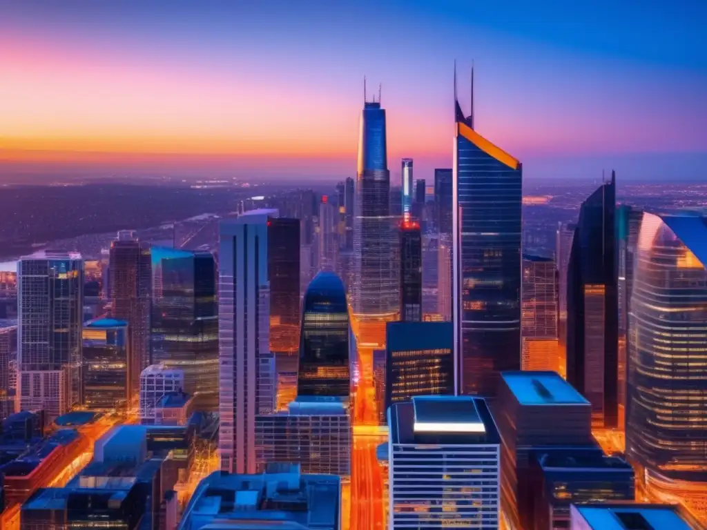 Ciudad moderna al atardecer Oportunidades de financiamiento inmobiliario innovadoras en una vibrante ciudad al atardecer