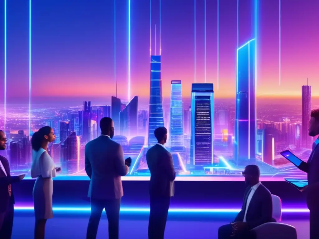 Ciudad futurista con rascacielos iluminados Oportunidades financieras con software AI en inversiones