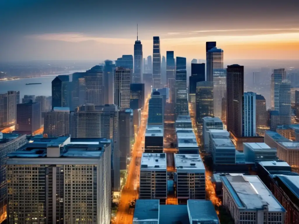 Crisis económica: luces y sombras Oportunidades Flipping en crisis: ciudad desolada, skyscrapers abandonados, un edificio destaca con potencial