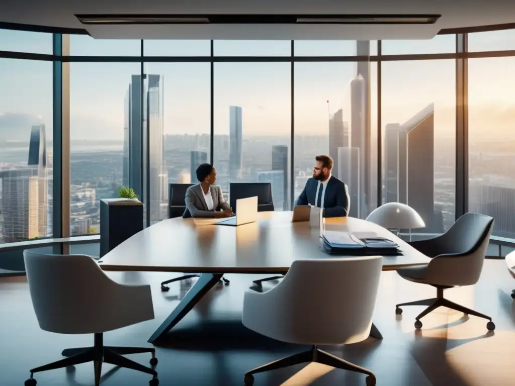 Oficina moderna con vista panorámica Oportunidades Flipping en crisis: Oficina moderna con vista panorámica, profesionales discutiendo sobre regulaciones y riesgos