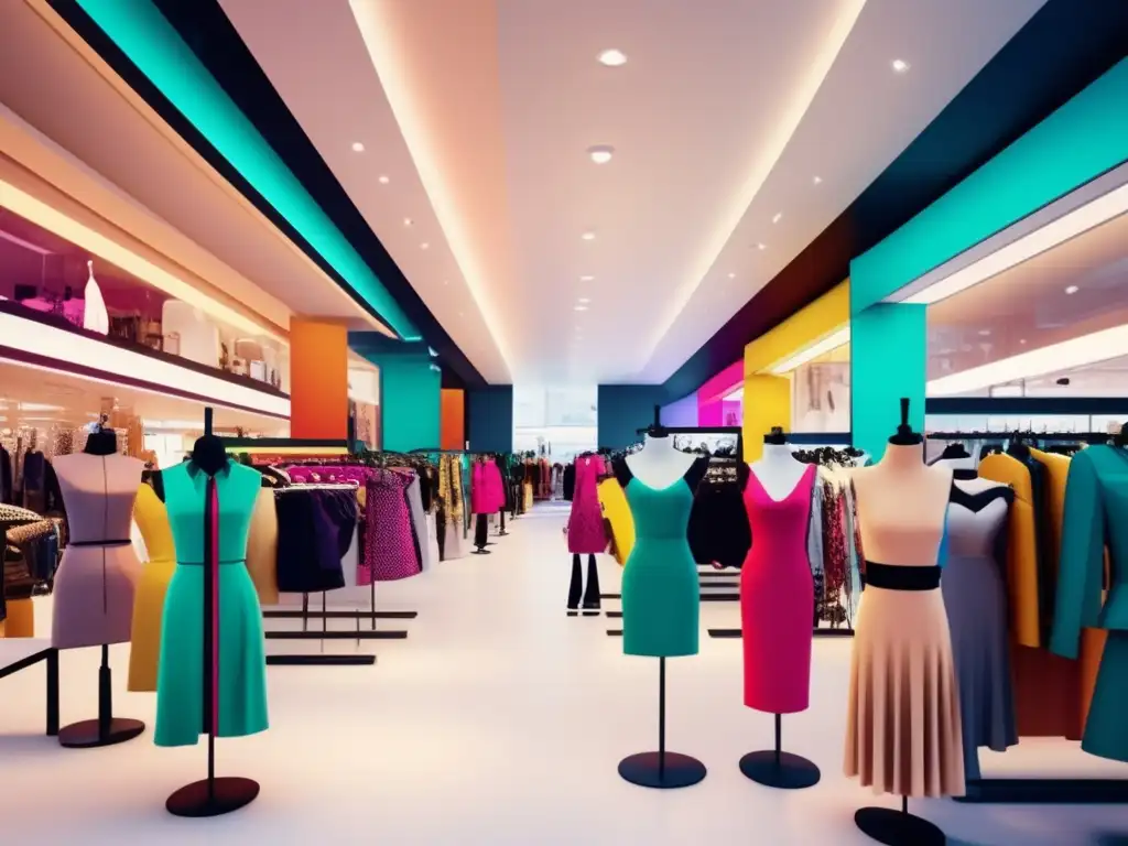 Moda en bullicioso mercado con tiendas de franquicias famosas Oportunidades de inversión en franquicias de moda: Escena vibrante de un mercado de moda con colores vivos y estética moderna