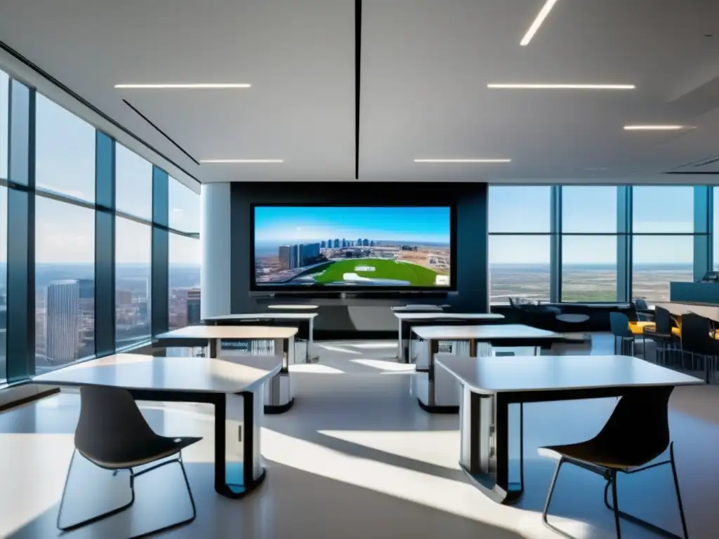 Aula futurista con tecnología avanzada Oportunidades de inversión en educación y formación en Europa: Futurista aula con tecnología avanzada, luz natural y vistas panorámicas