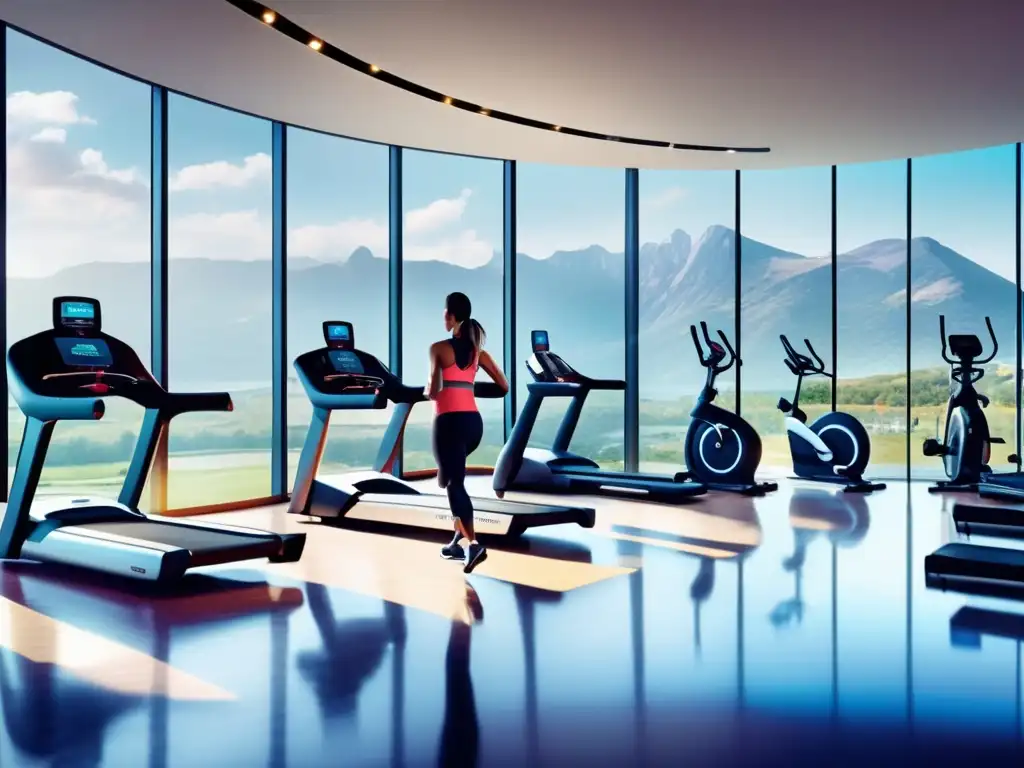 Gimnasio moderno con vista panorámica Oportunidades de inversión en bienestar y fitness: gimnasio moderno con vistas panorámicas, equipamiento de vanguardia y ambiente energizante
