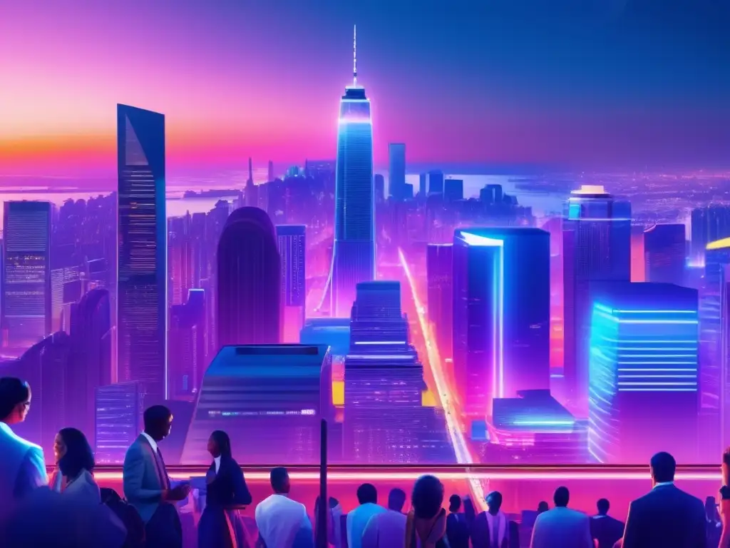 Ciudad nocturna vibrante de negocios Oportunidades ignoradas en finanzas: Ciudad nocturna vibrante, rascacielos modernos, profesionales animados