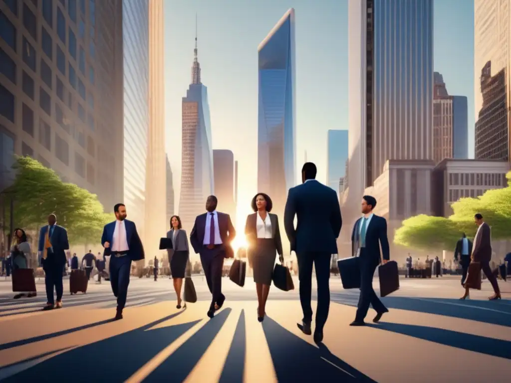 Distrito financiero vibrante y dinámico Oportunidades ignoradas en finanzas - Distrito financiero vibrante con rascacielos futuristas, profesionales de negocios y energía de ciudad