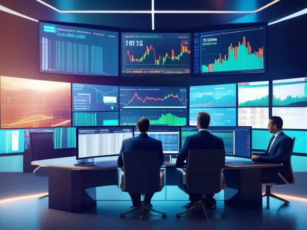 Imagen impactante de una sala de trading futurista Oportunidades ignoradas en finanzas: imagen de moderno y futurista piso de trading con traders analizando datos y tomando decisiones estratégicas