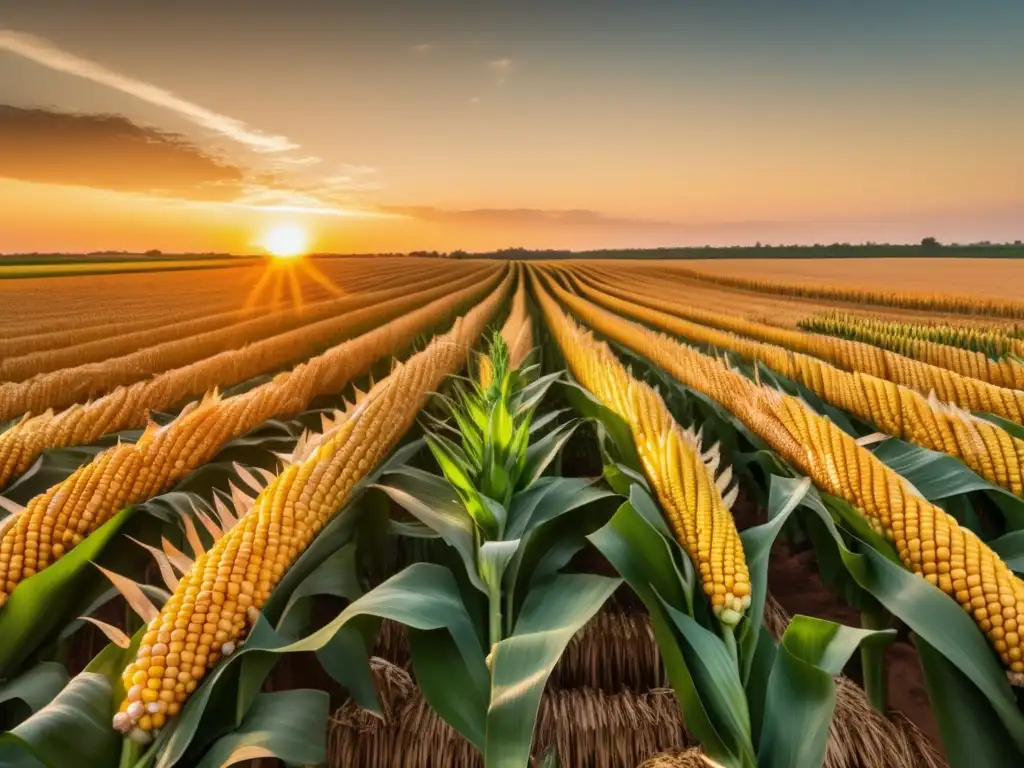 Campo de maíz dorado al atardecer Oportunidades de inversión en maíz: Impresionante imagen de un extenso campo de maíz dorado al atardecer, con detalles ultradetallados