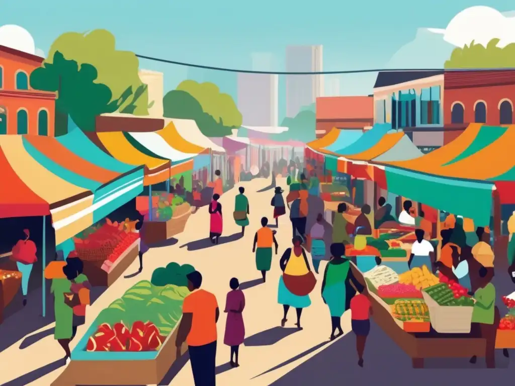 Mercado vibrante y colorido en comunidad marginal Oportunidades inclusivas en comunidad marginada: vibrante mercado con productos frescos, artesanías y emprendimiento