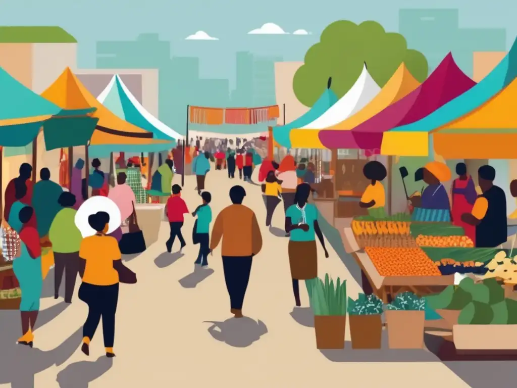 Mercado vibrante y diverso en comunidad marginal Oportunidades inclusivas de inversión en comunidades marginadas: escena vibrante de un mercado diverso y activo en una comunidad marginal
