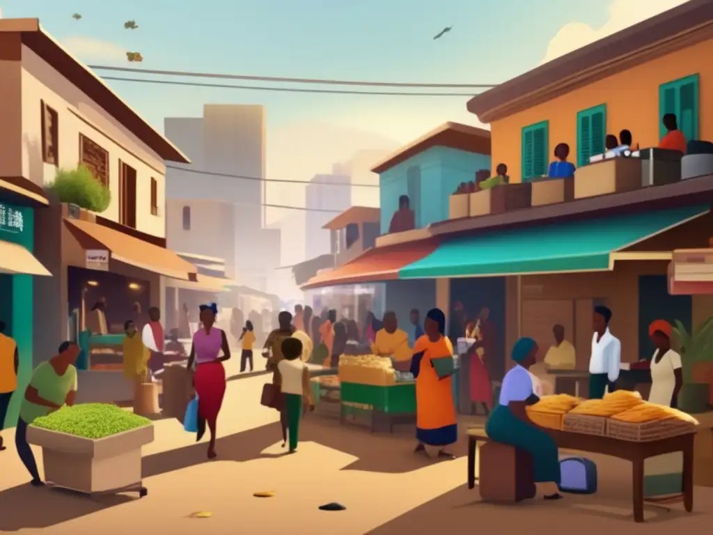 Escena de calle vibrante en comunidad marginal Oportunidades inclusivas de inversión en comunidades marginadas: escena de calle vibrante que muestra diversidad y actividades financieras