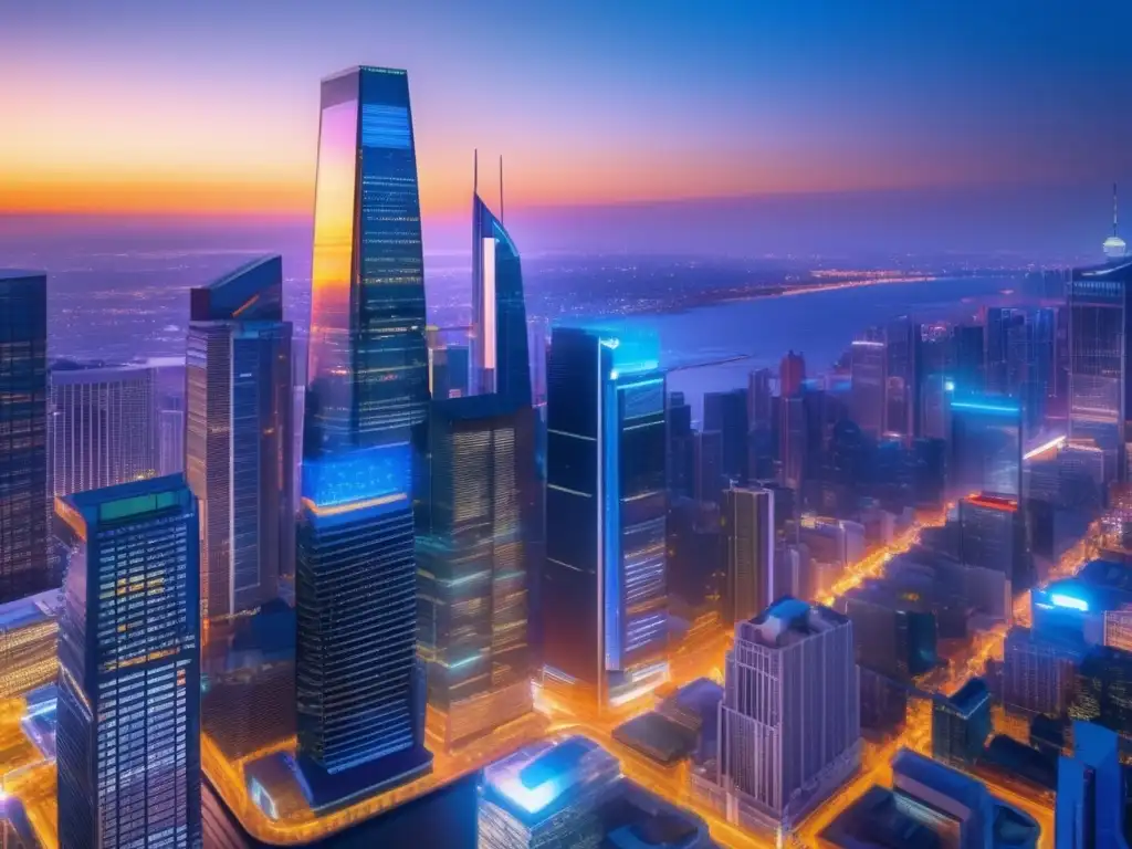 Oportunidades en el mercado inmobiliario Oportunidades inversion inmobiliaria en crisis: ciudad nocturna, rascacielos, mercado bursátil, propiedades estratégicas