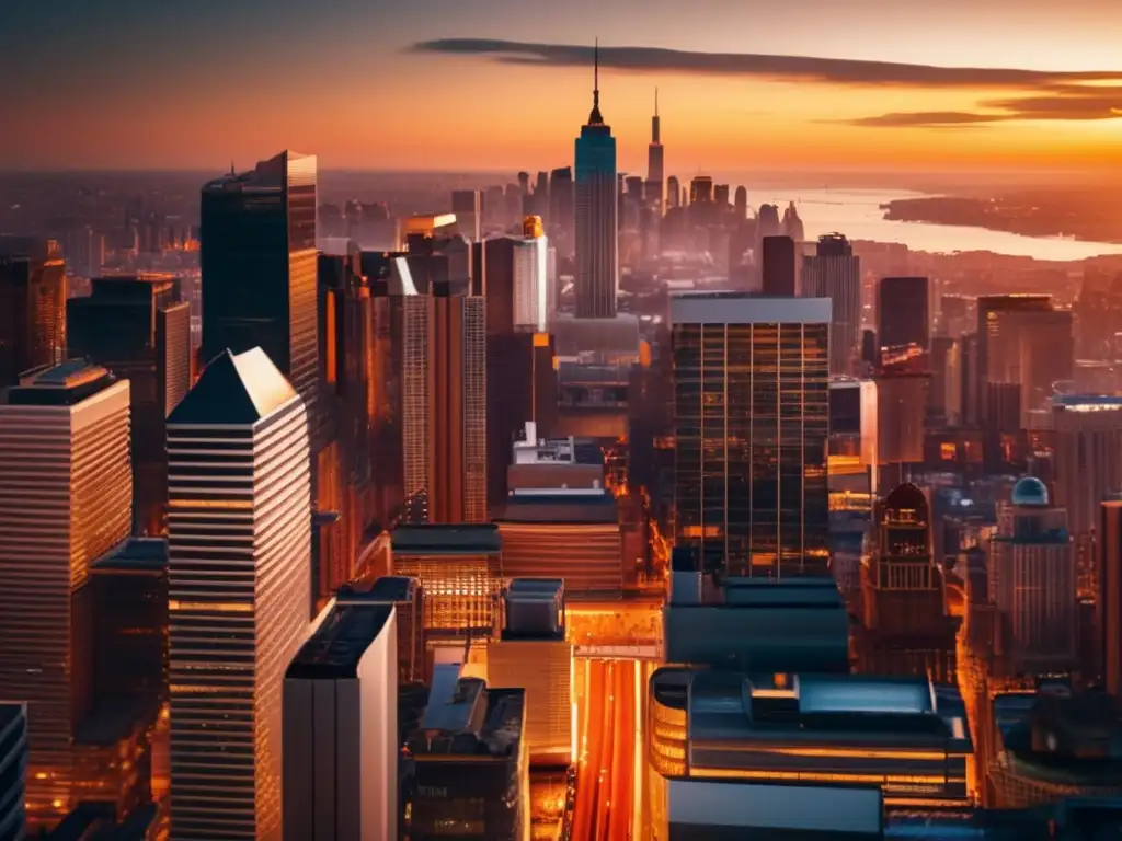 Moderna ciudad al atardecer Oportunidades inversión inmobiliaria en crisis: ciudad moderna, skyline, rascacielos, actividad económica