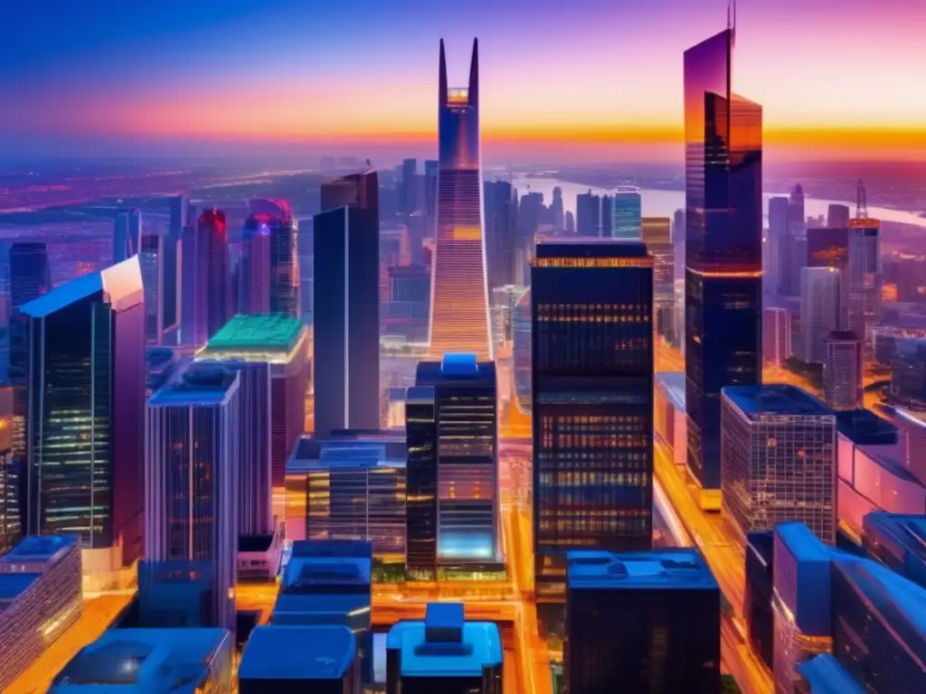 Moderna ciudad al atardecer con diversidad arquitectónica Oportunidades inmobiliarias: Ciudad moderna diversa y rentable