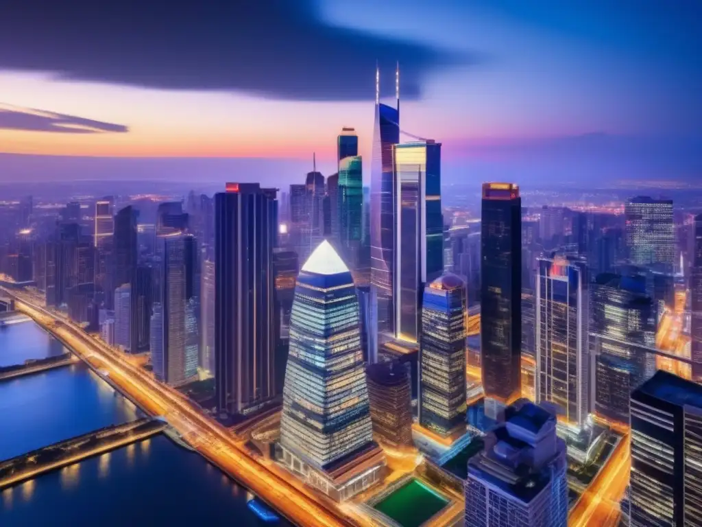 Moderna ciudad iluminada al anochecer Oportunidades inmobiliarias en crisis: Ciudad moderna, rascacielos iluminados, reflejando arquitectura próspera y dinámica
