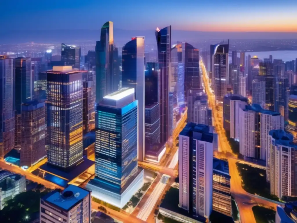 Oportunidades inmobiliarias en ciudad vibrante Oportunidades inmobiliarias en crisis: ciudad moderna, rascacielos iluminados, tráfico y rentabilidad a largo plazo