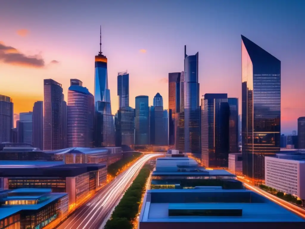 Ciudad moderna al atardecer: esperanza en tiempos difíciles Oportunidades inmobiliarias en crisis: ciudad moderna al atardecer