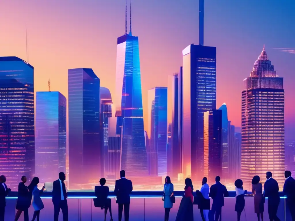 Oportunidades de inversión en la ciudad al anochecer Oportunidades inmobiliarias en crisis: profesionales discuten con confianza en una moderna ciudad al atardecer