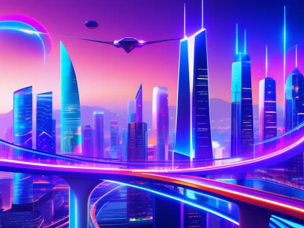 Ciudad futurista: Integración económica en América Latina Oportunidades de inversión en integración económica latinoamericana en una ciudad futurista con rascacielos innovadores y puentes brillantes