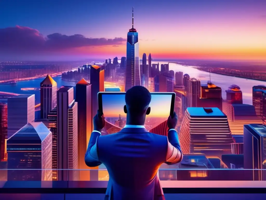 Ciudad moderna al anochecer, inversor observando Oportunidades de inversión en integración económica latinoamericana: ciudad moderna al atardecer, inversor con tablet observando el paisaje urbano