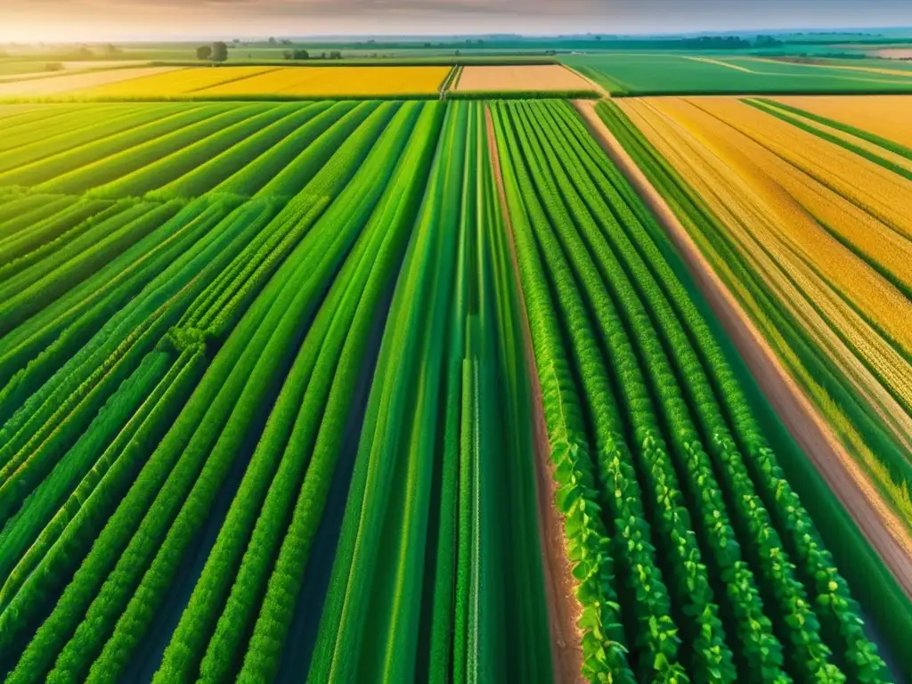 Agricultura inteligente y sostenible Oportunidades inversión agricultura inteligente: campo agrícola moderno en luz dorada, cultivos vibrantes y drones monitoreando