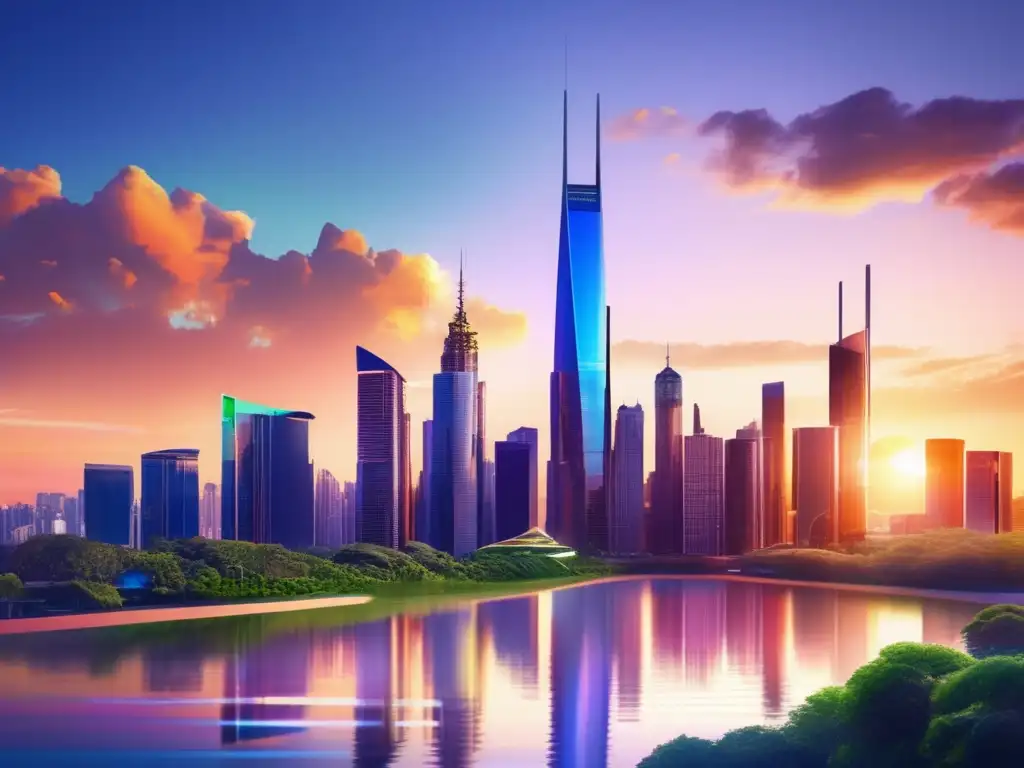 Ciudad moderna al atardecer con rascacielos y arte inspirador Oportunidades de inversión alternativas: ciudad futurista, startups y arte