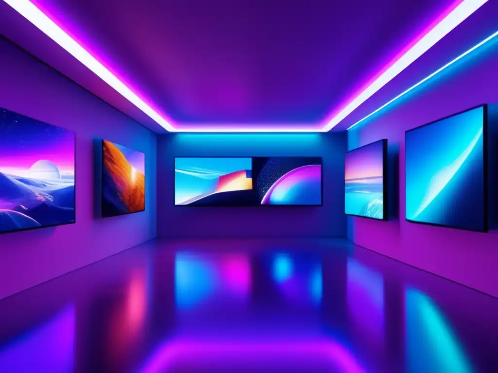Galería de arte digital futurista con NFTs - Oportunidades de inversión en NFTs: Galería de arte digital futurista con obras vibrantes y cautivadoras en pantallas de alta resolución