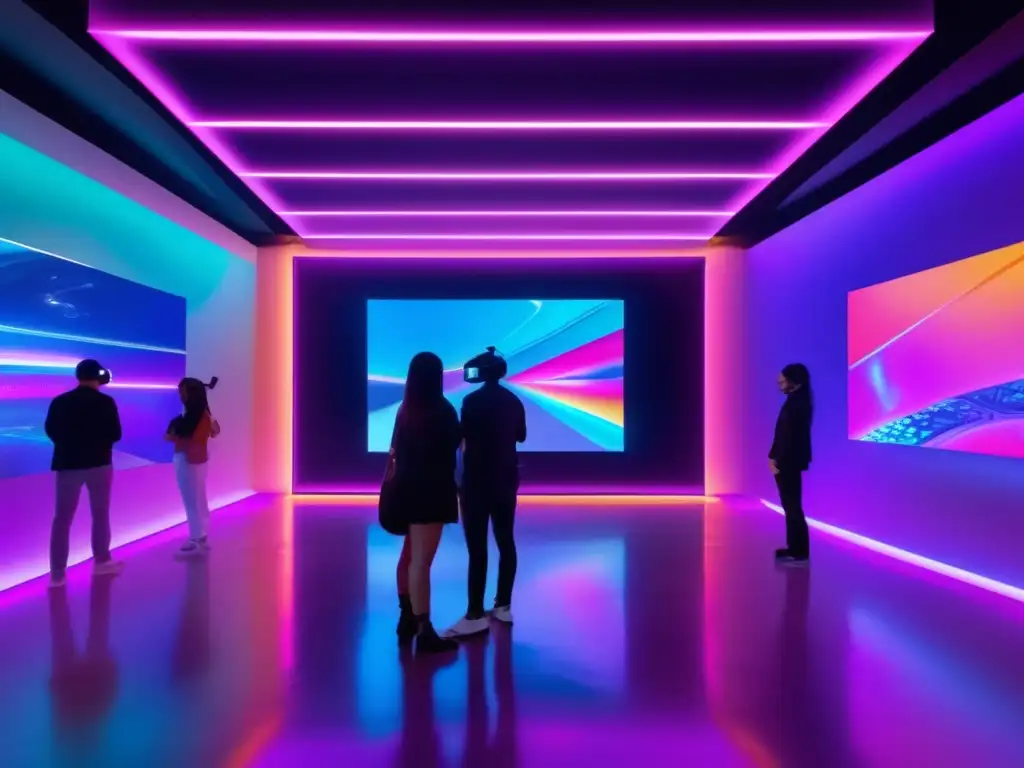 Galería de arte futurista con NFTs Oportunidades de inversión en NFTs: Galería de arte futurista con obras digitales en pantallas holográficas, iluminación colorida y realidad virtual