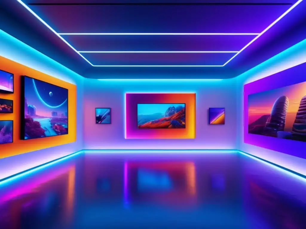 Galería de arte NFT futurista y vibrante Oportunidades de inversión en NFTs: Galería de arte futurista con obras vibrantes y detalladas en 8k