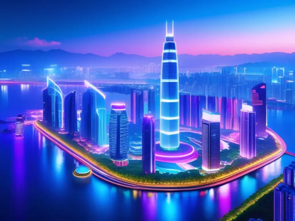 Oportunidades de inversión en AsiaPacífico: Ciudad futurista asiática con rascacielos y energías renovables