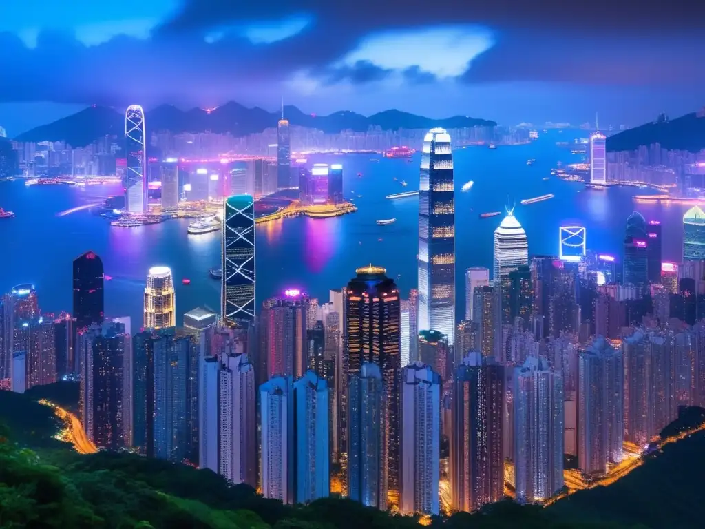 Oportunidades de inversión en AsiaPacífico: Vista aérea impresionante de Hong Kong al anochecer, con su icónico horizonte iluminado reflejándose en las tranquilas aguas de Victoria Harbour