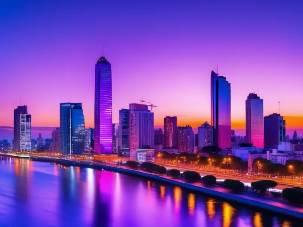 Impresionante skyline de Buenos Aires al atardecer Oportunidades de inversión en Argentina: skyline de Buenos Aires al atardecer, con edificios modernos iluminados y reflejados en el Río de la Plata