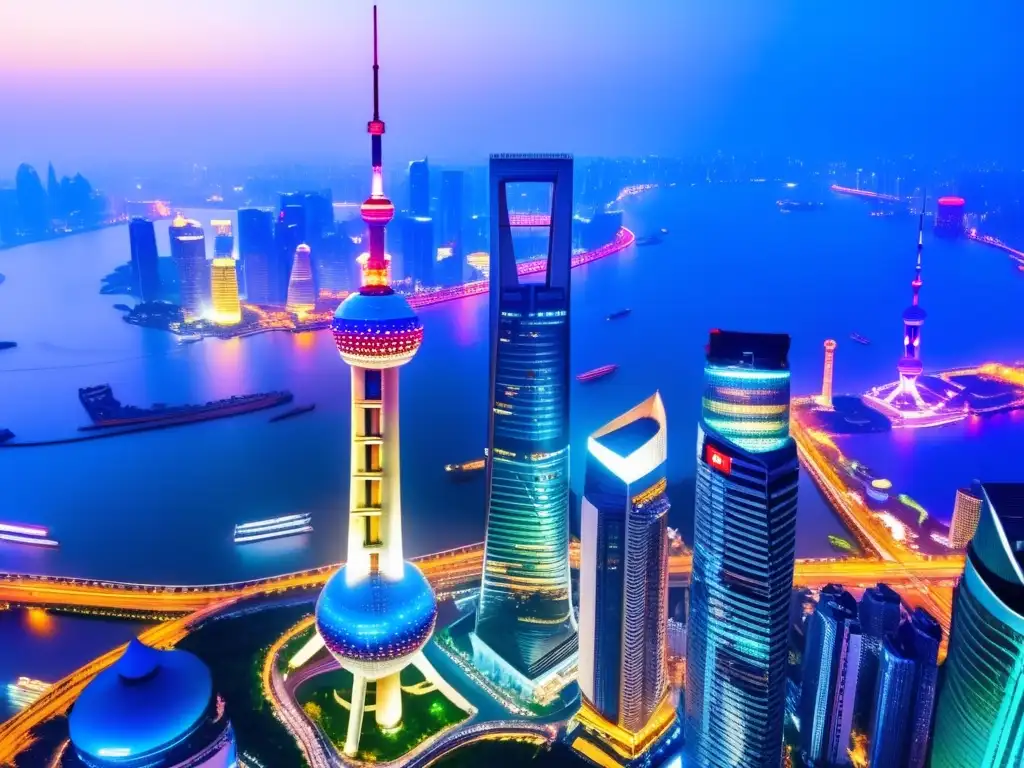 Impresionante skyline de Shanghai al anochecer Oportunidades de inversión en China: Shanghai al atardecer, con la Torre Oriental Pearl y rascacielos iluminados reflejados en el río Huangpu