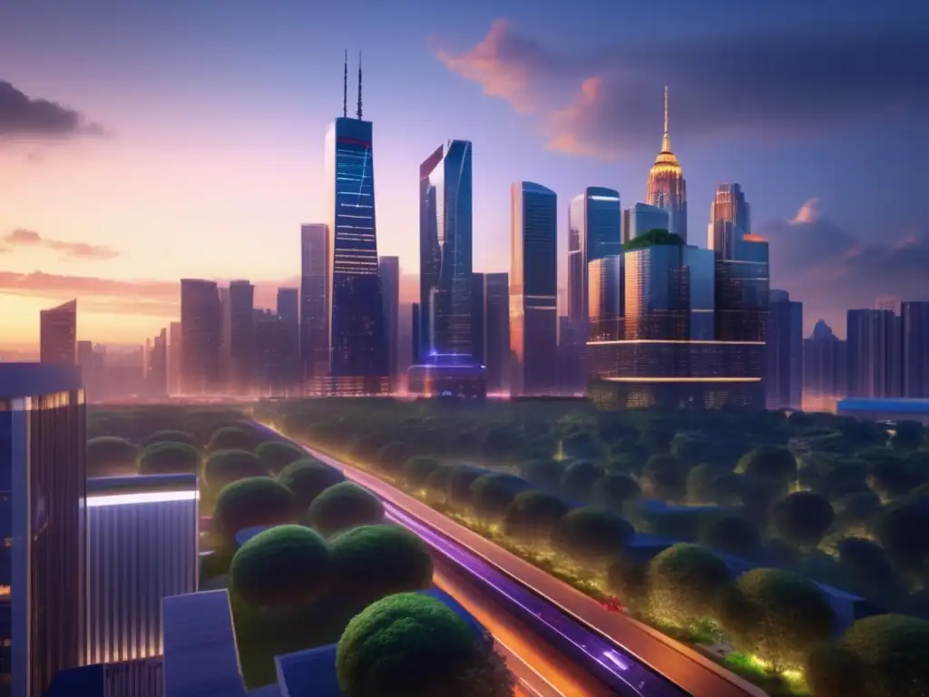 Moderna ciudad al atardecer, símbolo de oportunidades inmobiliarias Oportunidades de inversión en bienes raíces: Ciudad moderna al anochecer con rascacielos iluminados, parques verdes y cielo prometedor