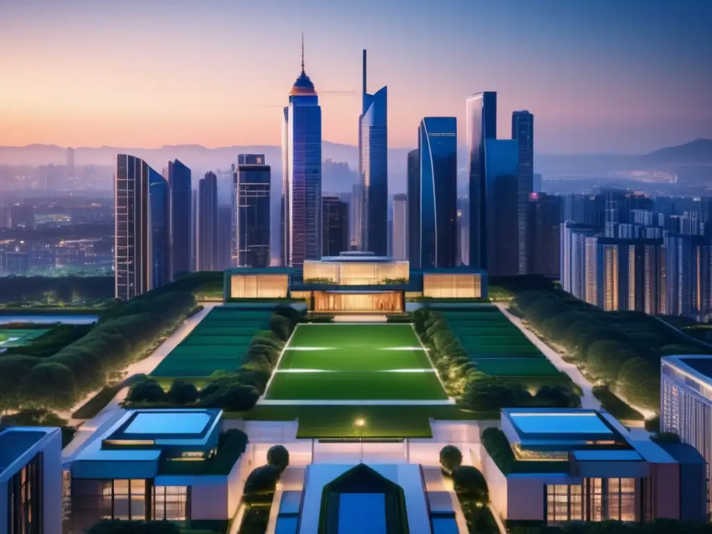 Oportunidades de inversión en bienes raíces Oportunidades de inversión en bienes raíces: ciudad moderna al atardecer con rascacielos, propiedad residencial lujosa y parque verde