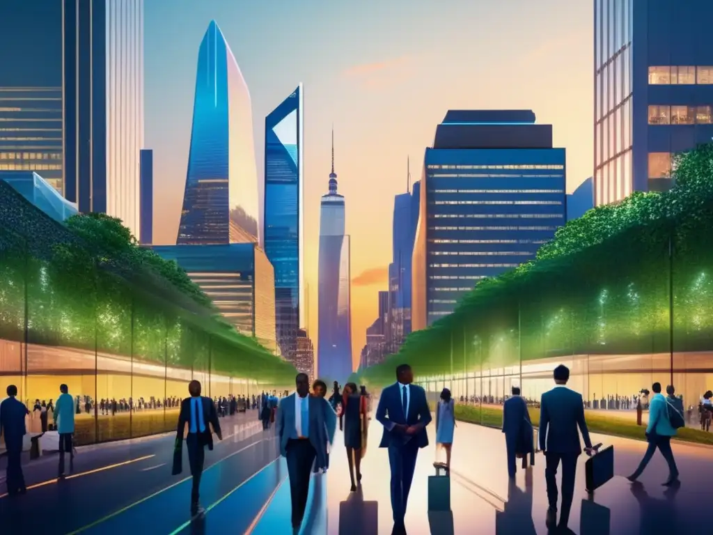 Ciudad moderna al atardecer con rascacielos y parques Oportunidades de inversión en bienes raíces: ciudad moderna al anochecer, rascacielos elegantes y vibrante vida urbana