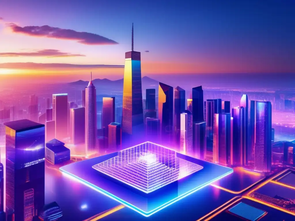 Futurista ciudad blockchain con hologramas Oportunidades de inversión en blockchain en una ciudad futurista con rascacielos de vidrio y acero, y patrones de blockchain intercalados